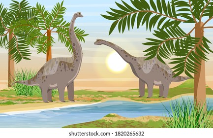 A pair of larger brachosaurs dinosaur on the river bank. Prehistoric flora and fauna. Realistic vector landscape