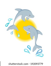 A pair of leaping dolphins against the sun. EPS10 vector format