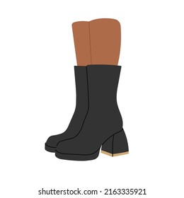 Pair of legs in boots for spring or autumn, high heels. Foot, feet. Cool design. Stylish footwear. Fashion and lifestyle. Hand drawn vector illustration in trendy colors. Flat design