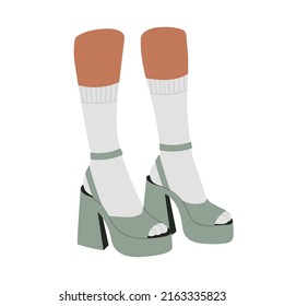 Pair of legs in high heeled shoes, sandals. Foot, feet. Cool design. Stylish footwear. Fashion and lifestyle. Hand drawn vector illustration in trendy colors. Flat design