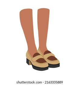 Par de piernas en lomos, moccasinas. Pie, pies. Diseño genial. Calzado elegante. Moda y estilo de vida. Ilustración vectorial dibujada a mano en colores de moda. Diseño plano