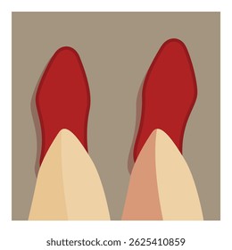 Pair of legs with red shoes is approaching the viewer from a top down perspective