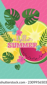 Pair of lemons and watermelon Hello summer vertical template Vector illustration