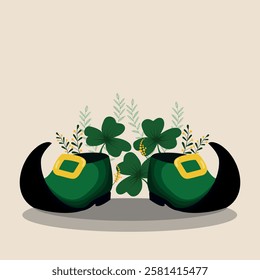 Pair of leprechaun boot with three-leaf clover. St. Patrick's Day. Irish holiday vector illustration