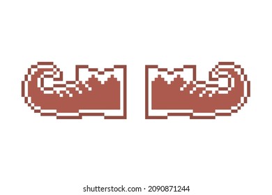 A pair of leprechaun or elf shoes, pixel art gingerbread cookie decorated with white sugar icing, 8 bit food icon isolated on white background. Frosted biscuit. Christmas dessert.Winter holiday pastry