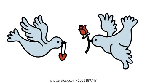 A pair of light blue doves holding a red heart and rose in their beaks. A charming vector illustration isolated on white background.