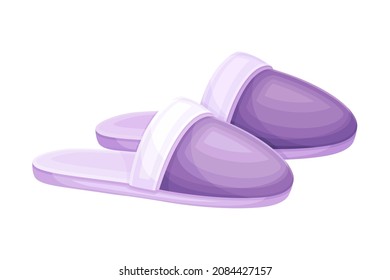 Pair of lilac slippers, soft comfortable textile footwear for home, flip flops shoes cartoon vector illustration