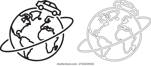 Un par de iconos de globo de arte de línea con satélites, uno lleno y uno delineado, en un estilo simple en blanco y negro sobre un fondo blanco puro