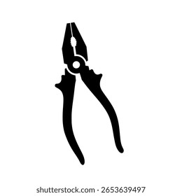 A pair of lineman's pliers in a solid black silhouette style. A simple icon of a hand tool for electrical, repair, or workshop use.