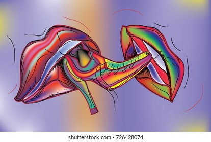 Pair of lips with a color shoe. Fashion. Beauty. Abstract. Fantasy