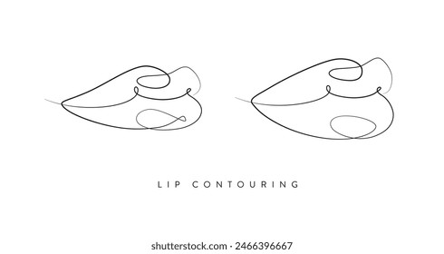 Pair of lips with contouring drawing in linear style on white background