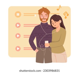 Pair listen music. Man and woman with player and headphones listen to favorite songs and playlist. Young family spend time together and relax. Cartoon flat vector illustration