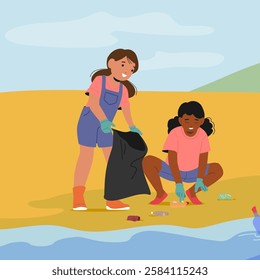 Pair of little girl friends picking garbage putting into pack cleaning beach from rubbish cartoon scenery. Children eco activists caring for nature and outdoors environment vector illustration