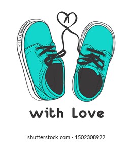 A pair of little kids sneakers. Vector illustration isolated on white. Hand drawing modern fashion print design for kids. With love inscription and heart.