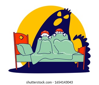 Pair of Little Scared Children Sitting on Bed and Hiding from Frightening Ghost under Blanket. Fearful Kids and Imaginary Monster. Nightmare Terrified Phobia. Cartoon Vector Illustration, Line Art