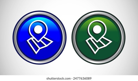 Pair of Location Map Pin Pointer Icons in Blue and Green Circular Designs