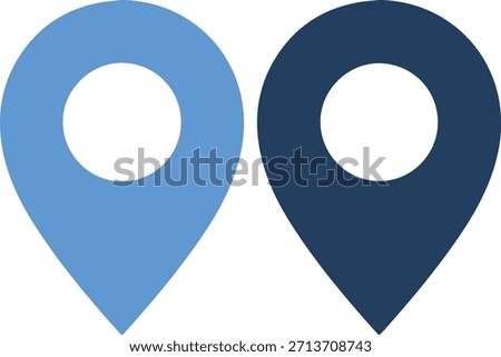 A pair of location pin icons in light blue and dark blue, positioned side by side, on a clean white background, with a simple and modern design.