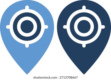 Un par de iconos de pin de ubicación con los Iniciar sesión objetivo de color azul claro y azul oscuro y marcas blancas sobre un fondo blanco puro