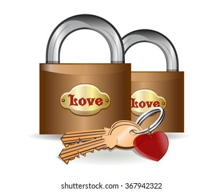 Pair locks with an inscription - love. Locks for enamoured pairs and keys with keychain in the shape of a heart. Vector illustration.