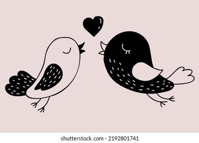 Par de aves amorosas con el corazón. Ilustración vectorial. Dibujo a mano decorativo en estilo doodle. Diseño, decoración, tarjetas de San Valentín y tarjetas de boda
