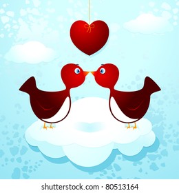 A pair of love birds on a cloud, vector