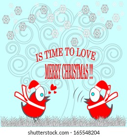 pair of love birds in red Christmas hat and scarf with christmas, a tree line and snow falling spirals