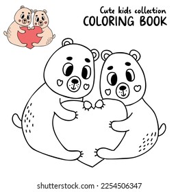 Un par de osos de peluche con gran corazón. Los niños pequeños se reúnen en páginas de colores de animales. Ilustración vectorial. Dibujo de esquema para libro de colores, diseño, decoración, tarjetas de San Valentín, imprimir