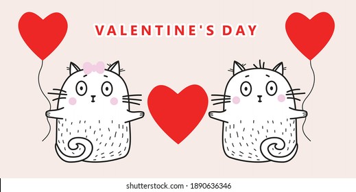 A pair in love of white cats with red balloons and a heart in their paws on a pink background. Vector illustration. Congratulations to Valentines Day. For design, greeting card and decoration