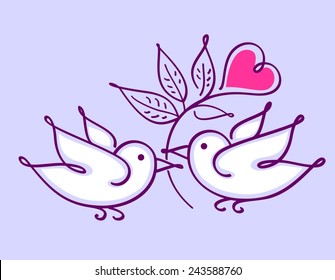 Pair of lovebirds with heart flower isolated on violet background. Wedding card / valentine card. Love