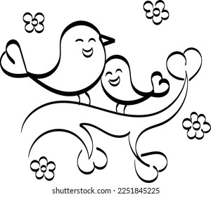 Pair of lovebirds isolated. Birds on Branch Vector, Wall Decals, Birds Couple in Love, Birds Silhouette on tree and Hearts