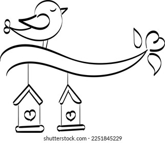 Pair of lovebirds isolated. Birds on Branch Vector, Wall Decals, Birds Couple in Love, Birds Silhouette on tree and Hearts
