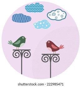 A pair of lovely birds. Vector illustration. Couple in love. Series of postcards.