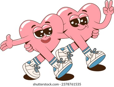 A pair of lovely hearts walking together. Retro groovy characters. Cartoon romantic 60s 70s Happy Valentine's day sticker. Vector illustration in pink and blue colors on a transparent background.