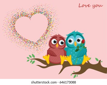 A pair of lovely owls in love, sit on a branch. Colorful confetti in the shape of heart. Greeting card for Valentine's Day and invitation to the wedding. The Vector