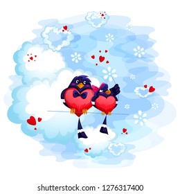 A pair of lovers birds in the shape of a heart are sitting on a cloud. Valentine's Day Card.