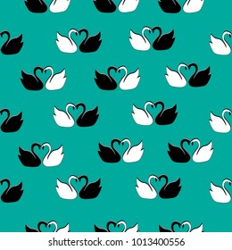 pair of lovers black and white swan, together form a heart shape, on a seamless sea-color pattern