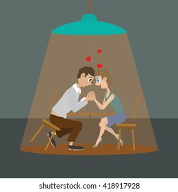a pair of lovers in a cafe, at a table, holding hands