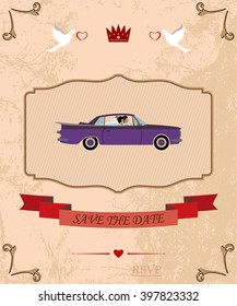 pair of lovers in a convertible, an invitation to a wedding celebration. the bride and groom ride in a car, vector illustration for designers and publishers. fully editable