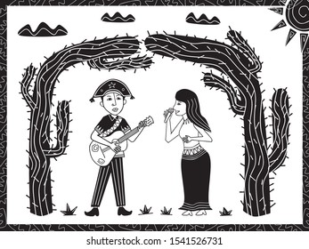 a pair of lovers dancing in the cactus desert. cordel illustration