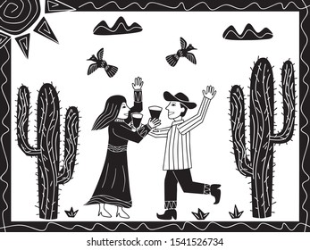 a pair of lovers dancing in the cactus desert. cordel illustration