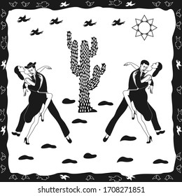 a pair of lovers dancing in the cactus desert. cordel illustration