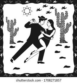 a pair of lovers dancing in the cactus desert. cordel illustration