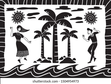 a pair of lovers dancing on the beach in the sun. illustration of cordel style