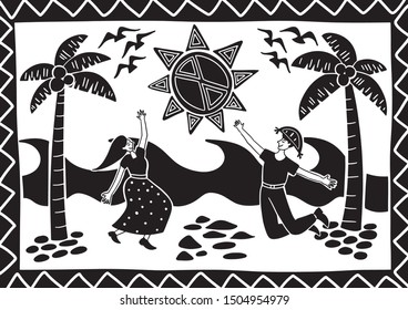 a pair of lovers dancing on the beach in the sun. illustration of cordel style