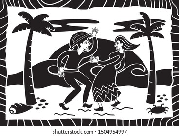 a pair of lovers dancing on the beach in the sun. illustration of cordel style