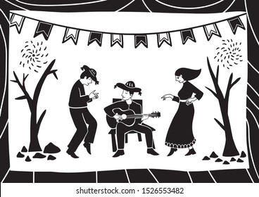 a pair of lovers dancing and playing music on rocky ground. illustration of cordel style