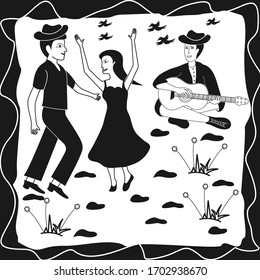 a pair of lovers dancing and playing music on rocky ground. illustration of cordel style