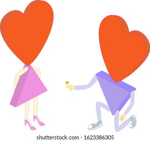 A pair of lovers. The heart in the image of a young man gives his girlfriend a ring. The heart in the image of a young man makes an offer to his girlfriend.
Valentine's day vector card.