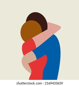 Pair of lovers hugging and kissing. Concept of love, goodbye, breaking up or reuniting. Simple vector illustration in flat design