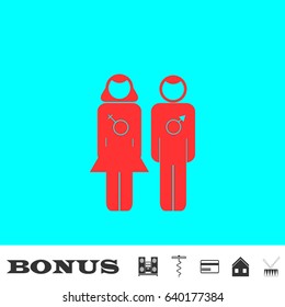 Pair of lovers icon flat. Red pictogram on blue background. Vector illustration symbol and bonus buttons Music center, corkscrew, credit card, house, drum